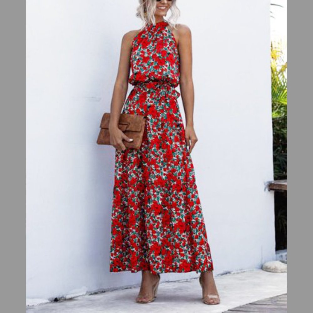 Red Floral - Sleeveless Blouson Maxi Dress, Women's, Medium